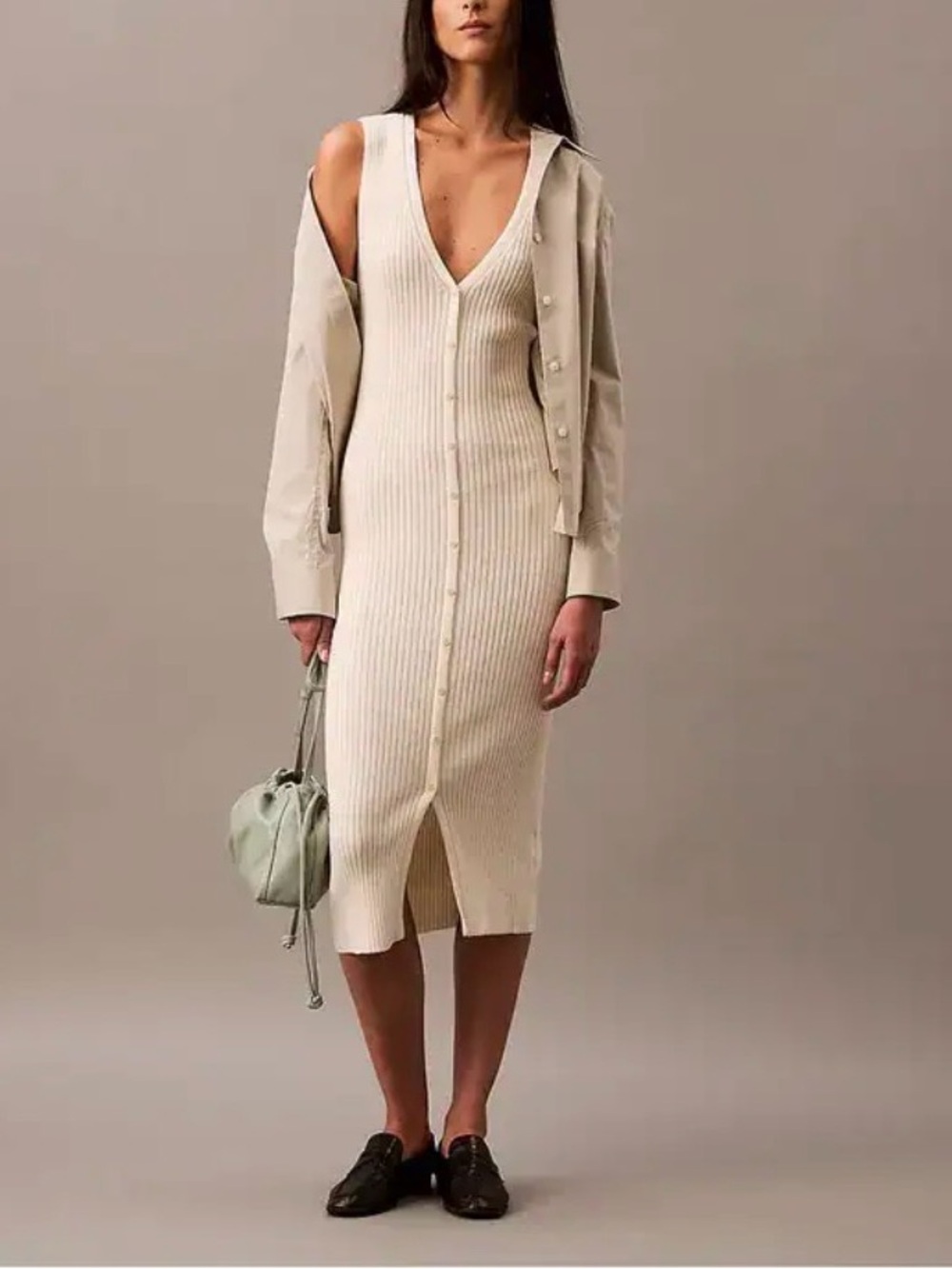Calvin Klein Ribbed Sweater Midi Dress XL Ivory Quiet Luxury Coastal Chic